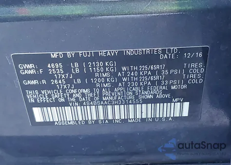 2017 Subaru Outback 2.5I z USA, uszkodzony, nr VIN 4S4BSAAC3H3314555